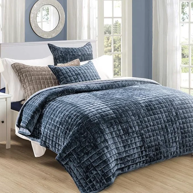 Official RECYCO Luxury Velvet Quilt Set Full Queen Size Bedding Sets Ultra Soft Velvet Comforter Set Lightweight Channel Box Stitch Oversized Bedspread Coverlet for All Season with 2 Shams Stormy Blue Fast