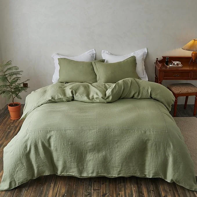 Trendy Simple amp Opulence Washed Linen Duvet Cover Set 88 quot x92 quot - 3 Pieces Soft Farmhouse Comforter Set Double Embroidered with Button Closure - 1 Duvet Cover and 2 Pillowshams Sage Green Queen Sophisticated