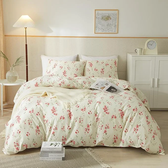 First-Class VM VOUGEMARKET Cream Comforter Set Queen Garden Flower Comforter with 2 Pillow Shams Girls Botanical Bedding Set Pink Floral Comforter Set 90x90 Inch Prestigious
