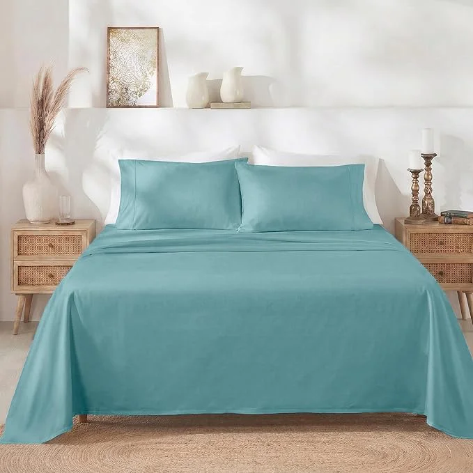 Minimalist California Design Den Full Size Bed Sheets Set - Soft 400 Thread Count Sateen Natural Cotton Sheets with Deep Pockets Breathable and Durable Bedding Set - Teal Organic
