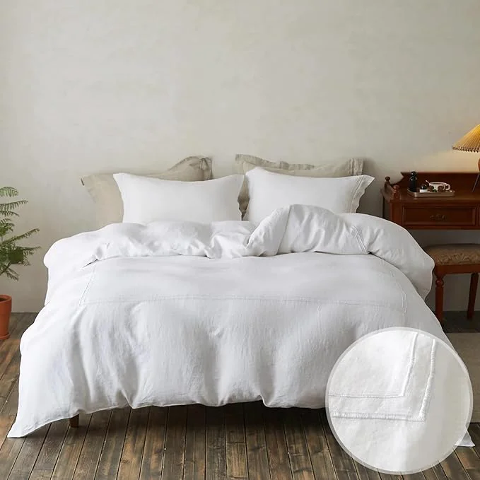 Casual Simple amp Opulence Washed Linen Duvet Cover Set 104 quot x92 quot - 3 Pieces Soft Farmhouse Comforter Cover Set Double Embroidered with Button Closure - 1 Duvet Cover and 2 Pillowcases White King Natural