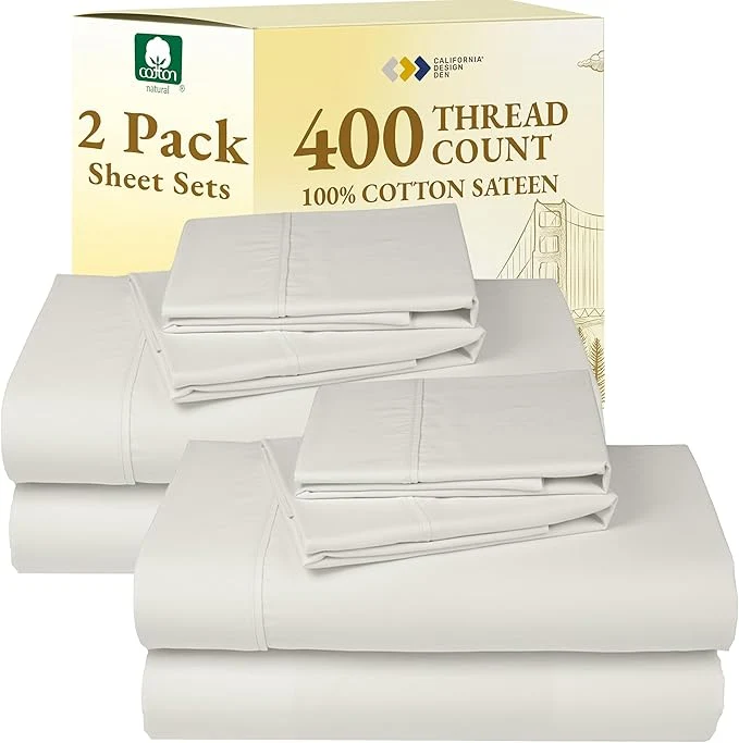 High-Performance California Design Den 2-Pack Queen Sheet Set - 400 Thread Count Cotton Sateen - Soft and Breathable Sheets 2 Sets of Deep Pocket Bed Sheets - Ivory Pale Tone Safe