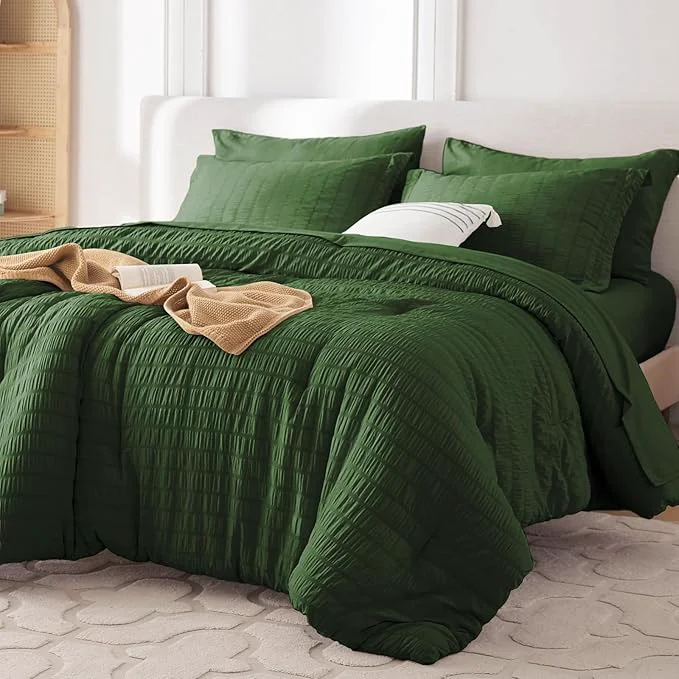 Carefully Designed MUXHOMO 7 Pieces Queen Comforter Set Seersucker Bed in a Bag Queen Size All Season Luxury Bedding Set with Comforter Flat Sheet Fitted Sheet Pillowcases amp Shams Dark Green Fine