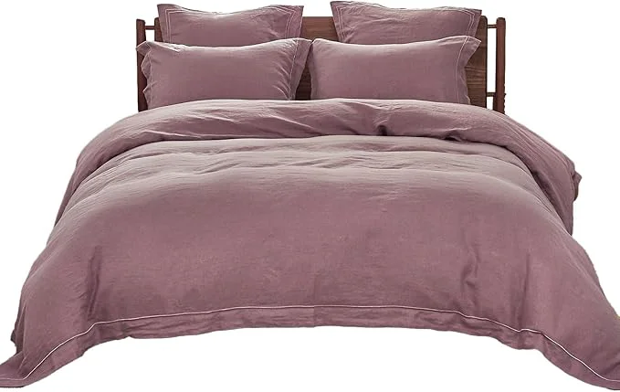 Flexible Simple amp Opulence Washed Linen Duvet Cover with Embroidered 2 Pieces Soft Farmhouse Comforter Set with Button Closure 1 Duvet Cover and 1 Pillowsham Twin Purple Sophisticated