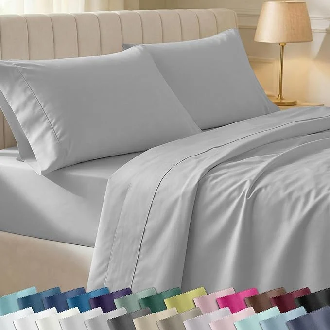Consistent California Design Den Queen Sheets Set - Soft 400 Thread Count Sateen Natural Cotton Sheets Deep Pockets with All Around Elastic for a Snug Fit Durable Bedding Set - Light Grey Selected