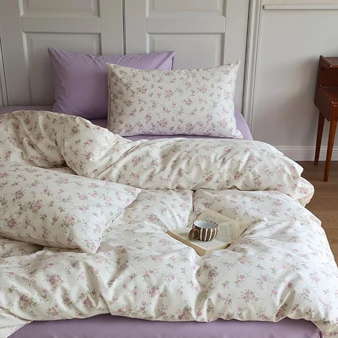 Superior VM VOUGEMARKET Purple Blooming Comforter Set Full 3 Pcs Vintage Pink Flower Down Comforter with 2 Pillowcases All Season Soft amp Lightweight Comforter Set for Girls Women 80 quot x90 quot Contemporary