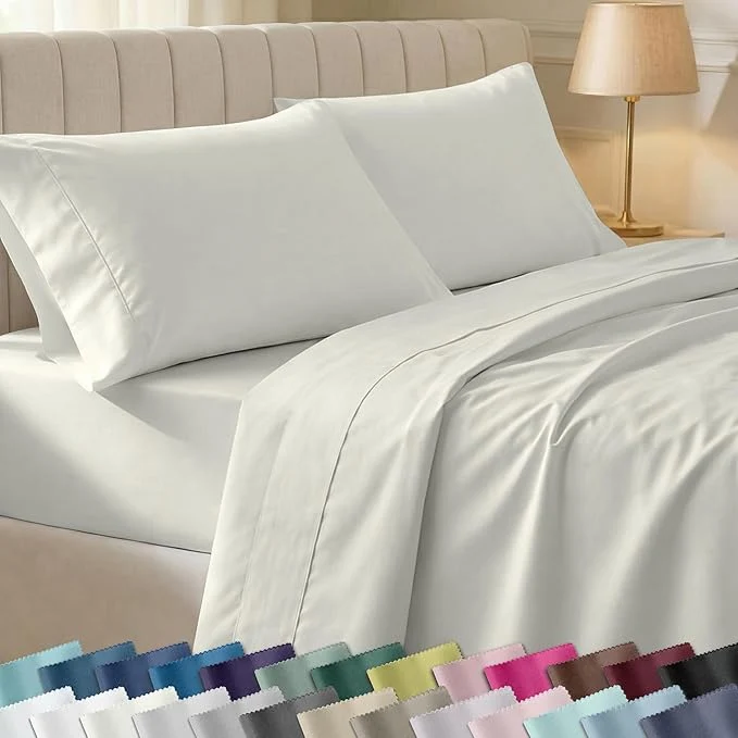 Reusable California Design Den 6-Pc Queen Size Sheet Set with 4 Pillowcases - 400 Thread Count Cotton Sheets Sateen Weave Deep Pocket Bedsheets Set - Ivory Pale Tone User-Friendly
