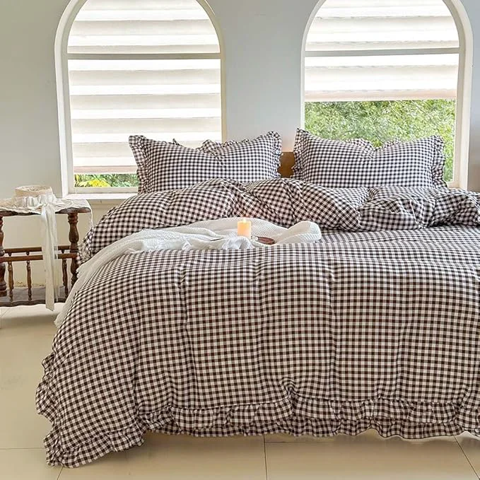 Lightweight NSNLGSGC Mocha Ruffle Gingham Comforter Set Twin Pre-Washed Ruffled Coffee Plaid Checked Comforter Bedding 2 Pieces Vintage Farmhouse Grid Bedding Set Mocha Gingham Twin Enhanced