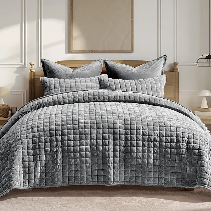 Contemporary RECYCO Luxury Velvet Quilt Set Full Queen Size Bedding Sets Ultra Soft Velvet Comforter Set Lightweight Channel Box Stitch Oversized Bedspread Coverlet for All Season with 2 Shams Charcoal Gray