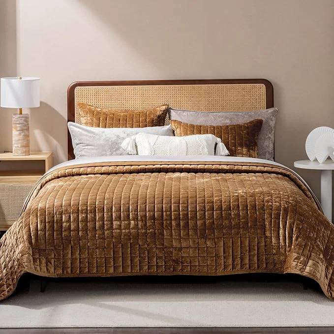 Fine RECYCO Luxury Velvet Quilt Set California King 118 39 39 x 106 39 39 Oversized Bedspread Ultra Soft Velvet Comforter Lightweight Box Stitch Bedding Sets for All Season with 2 Shams Caramel Gold Recyclable