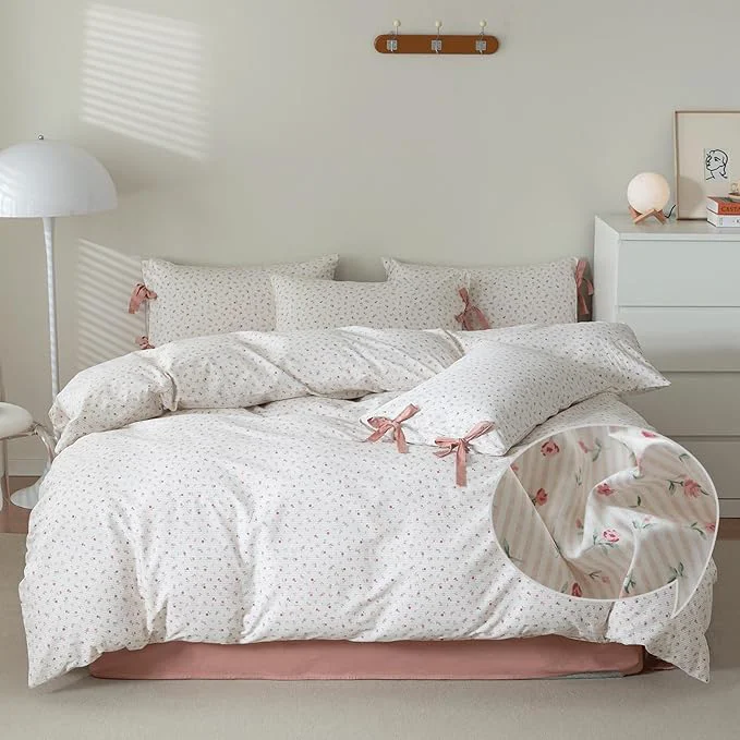 Contemporary VM VOUGEMARKET Garden Flower Comforter Set Twin 3 Pcs Pink Stripes Bed Comforter with 2 Pillowcases for Teen Girls Bed in a Bag Fluffy Cottagecore Comforter Set-68 quot x90 quot Versatile