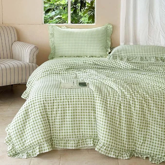 Stylish NSNLGSGC Sage Green Ruffle Gingham Comforter Set King Pre-Washed Ruffled Plaid Checked Comforter Bedding 3 Pieces Vintage Farmhouse Grid Bedding Set Green Gingham King Innovative