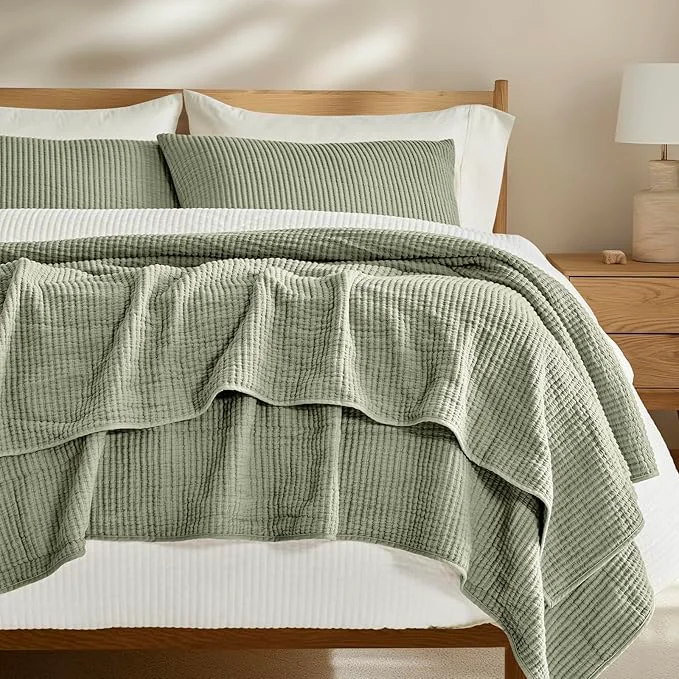 Casual EVERGRACEHOME Cotton Coverlet Set Full Queen Size 3 Pieces Lightweight Soft Ribbed Matelassé Bedspread Quilt Set Oversized Quilted Bedding Set with 2 Pillow Shams for All Seasons Light Sage Green Original