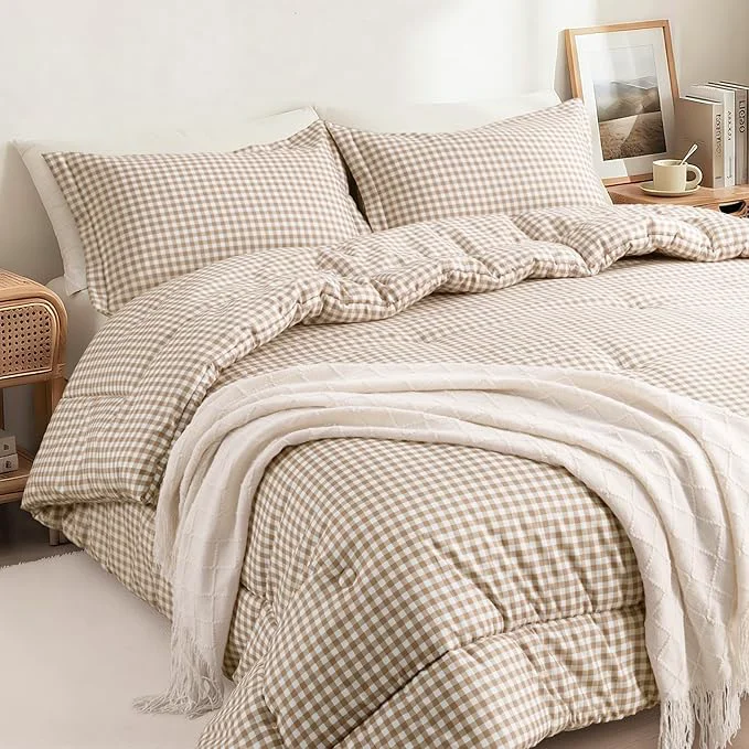 Top-Quality Twin XL Comforter Set Modern Plaid Checkered Bedding Tan Gingham Brown Grid Bed Comforter Soft Fluffy Breathable Farmhouse Dorm Bedding All Seasons 3 Piece Set SOFT FLUFFY Reusable