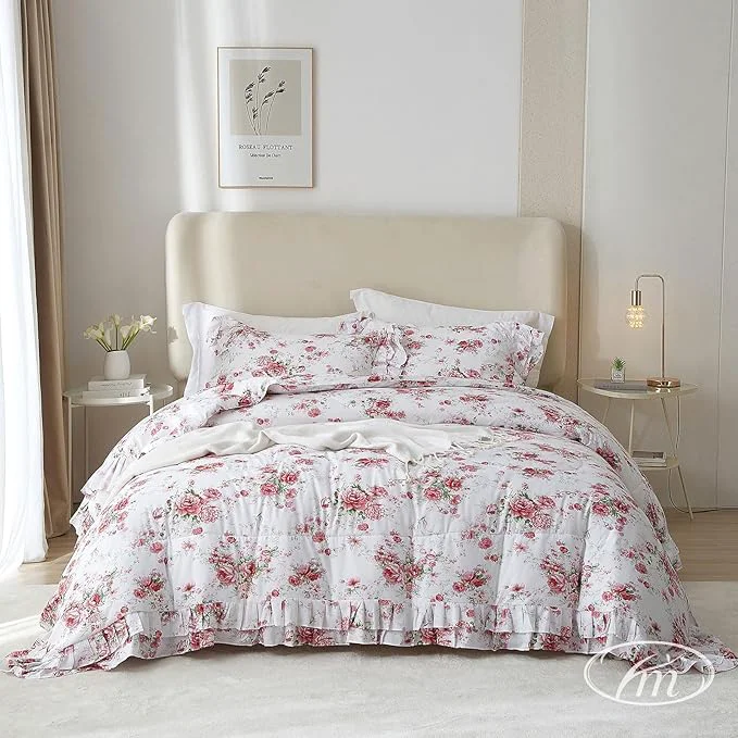Official Ruffle Comforter Set Full Pink Red Floral Comforter Princess Lace Floral Bedding Set Soft Microfiber Botanical Bedding Comforter Set 1 Flower Ruffled Comforter with 2 Pillowcases for Teen Girls Lightweight