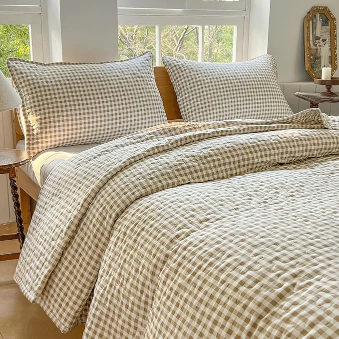 Enhanced NSNLGSGC Tan Gingham Twin Quilt Set Soft Pre-Washed Microfiber Taupe Plaid Twin Bedspread Lightweight Checked Summer Quilt Grid Bedding Coverlets for All Seasons Includes 1 Quilt 1 Pillow Sham Proven