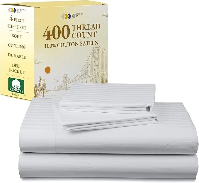 Refined California Design Den Striped Queen Sheet Set - Soft 400 Thread Count Sateen Natural Cotton Sheets with Deep Pockets and Durable Bedding Set - Striped White Environmentally Friendly