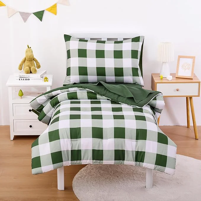 Recyclable Wake In Cloud - Gingham Toddler Bedding Set for Girls Boys Cute Plaid Buffalo Check 4 Pieces Soft Crib Bed Set Including Comforter Sheets and Pillowcase Olive Green Safe
