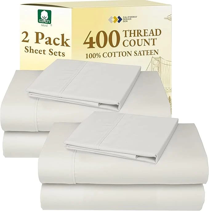 Lightweight California Design Den 2-Pack Cotton Twin Sheet Sets - 400 Thread Count Cotton Sateen - Soft and Breathable Sheets 2 Sets of Deep Pocket Bed Sheets - Ivory Pale Tone Artisan