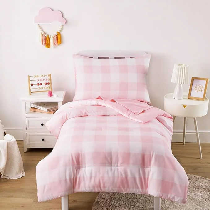Relaxed Wake In Cloud - Gingham Toddler Bedding Set for Girls Boys Cute Plaid Buffalo Check 4 Pieces Soft Crib Bed Set Including Comforter Sheets and Pillowcase Pink Exclusive