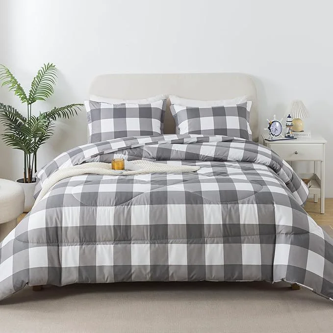 Verified Caressma Buffalo Plaid Comforter Set Queen White Gray Buffalo Plaid Comforter Bedding Set for All Seasons Classic Gingham Pattern Print Soft Microfiber 3 Pieces Comforter with Pillowshmas Expertly Made