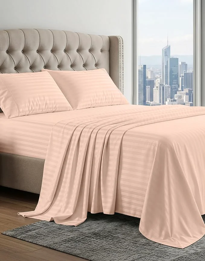 Sophisticated LANE LINEN Egyptian Cotton Bed Sheets Queen Size Long Staple Soft amp Comfy Sateen Weave No Pill Queen Size Bedding Set Machine wash 15 39 39 Deep Pocket Queen Sheets Damask Stripe - Veiled Rose Original