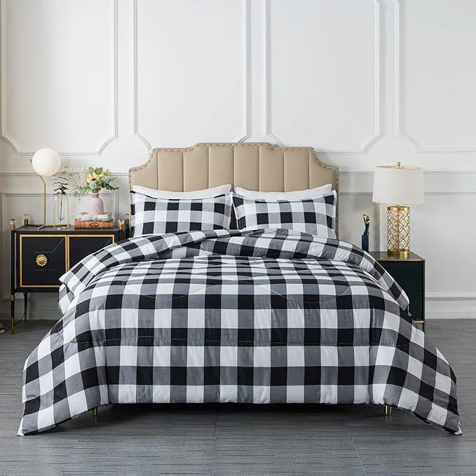 Exceptional Caressma Buffalo Plaid Comforter Set Full Size Black White Plaid Comforter Bedding Set for All Seasons Classic Gingham Pattern Print Soft Microfiber 3 Pieces Comforter with Pillowshams Superior