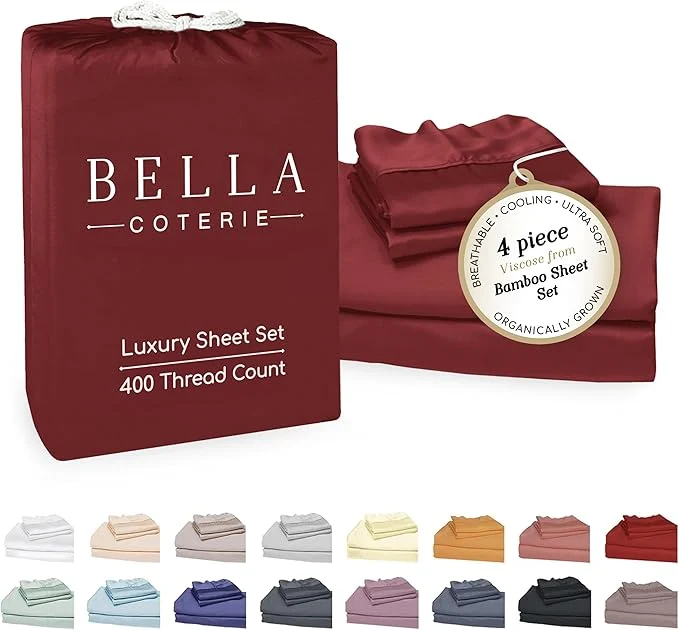 Functional Bella Coterie Luxury Bamboo Viscose Queen Size Sheet Set Organically Grown Ultra Soft Cooling for Hot Sleepers 18 quot Deep Pocket Merlot Detailed