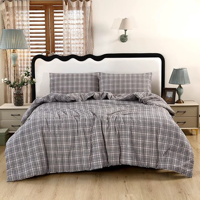 Premium SDIII 3PCS Brown Gingham Comforter Set Twin Washed Microfiber Lightweight Brown Gingham Bedding Twin Soft Bedding Farmhouse Shabby Chic Checkered Next-Generation