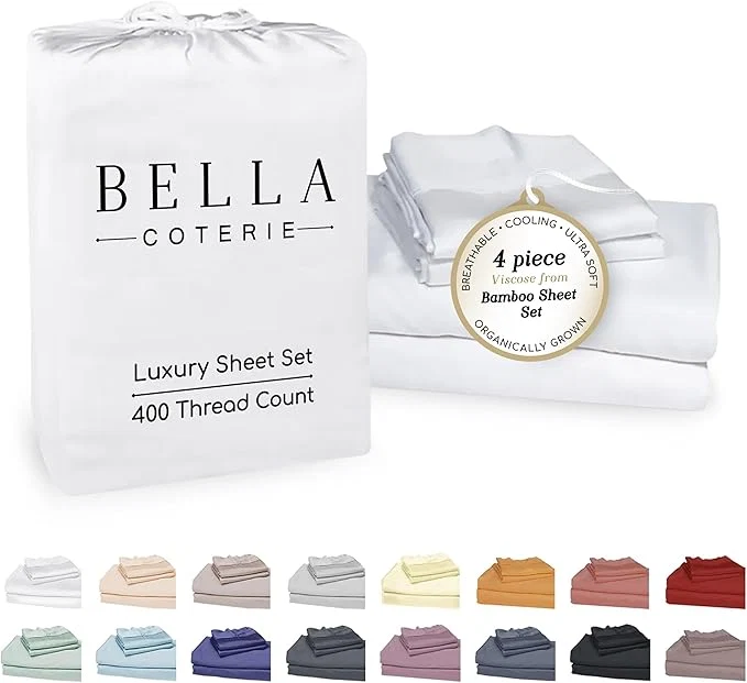 Durable Bella Coterie Luxury Bamboo Viscose Cal King Size Sheet Set Organically Grown Ultra Soft Cooling for Hot Sleepers 18 quot Deep Pocket White