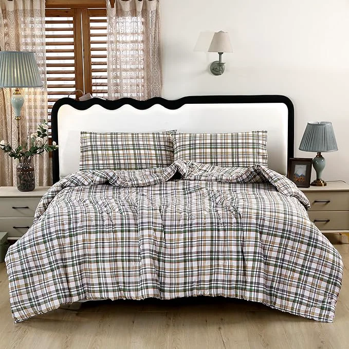 Excellent SDIII 3PCS Green Gingham Queen Comforter Set Washed Microfiber Lightweight Green Gingham Bedding Queen Farmhouse Shabby Chic Checkered All Season Classic