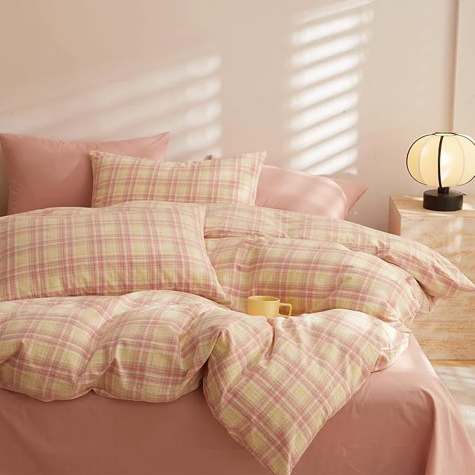 Enhanced EAVD Vintage Style Gingham Comforter Set Queen Soft Washed Cotton Retro Yellow amp Pink Grid Checkered Bedding Set with 2 Pillowcases Reversible Geometric Plaid Comforter Set for All-Season Consistent