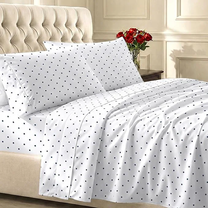 Quality California Design Den Full Size Bed Sheets Set - 400 Thread Count Sateen Natural Cotton Sheets for Full Size Bed Deep Pocket and Durable Bedding Set - Polka Dot High-Quality