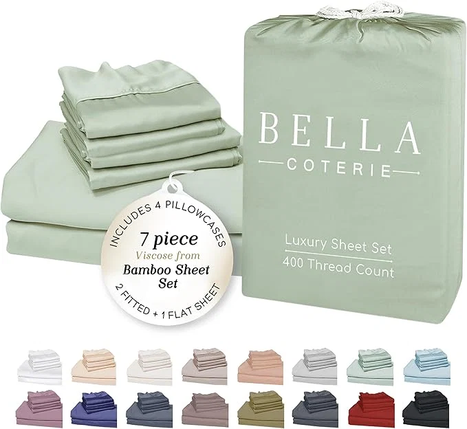 Prestigious Bella Coterie 7 Piece Luxury Bamboo Viscose Split King Size Sheet Set 2 Fitted Sheets for Adjustable Beds Organically Grown Cooling for Hot Sleepers 4 Pillowcases Sea Glass Outstanding
