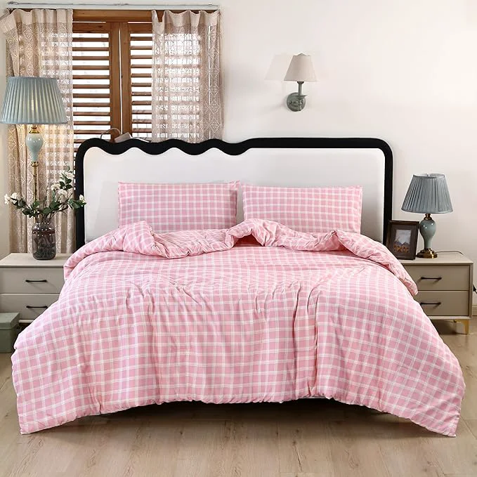 Practical SDIII 3PCS Pink Gingham Comforter Set Twin Washed Microfiber Lightweight Pink Gingham Bedding Twin Farmhouse Shabby Chic Checkered All Season Refined