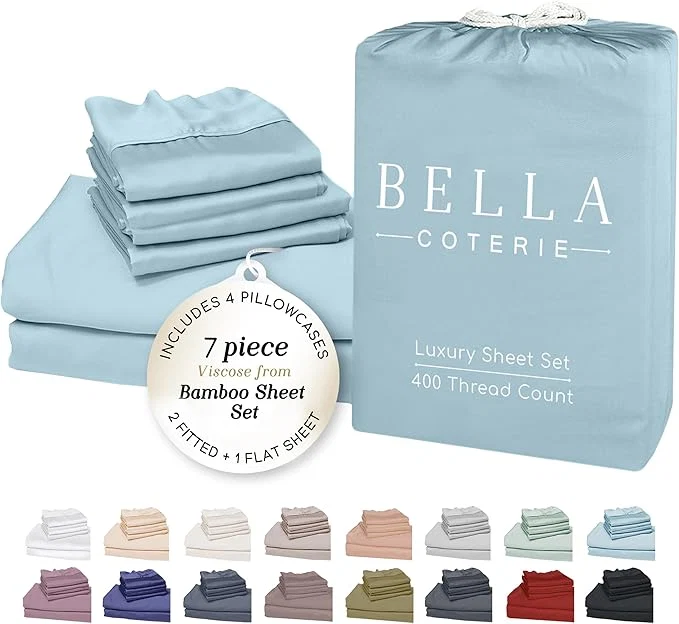 Next-Generation Bella Coterie 7 Piece Luxury Bamboo Viscose Split King Size Sheet Set 2 Fitted Sheets for Adjustable Beds Organically Grown Cooling for Hot Sleepers 4 Pillowcases Coastal Blue Original Design