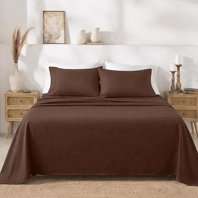 Consistent California Design Den Full Size Bed Sheets Set - Soft 400 Thread Count Sateen Natural Cotton Sheets with Deep Pockets Breathable and Durable Bedding Set - Espresso Chocolate Brown Stylish
