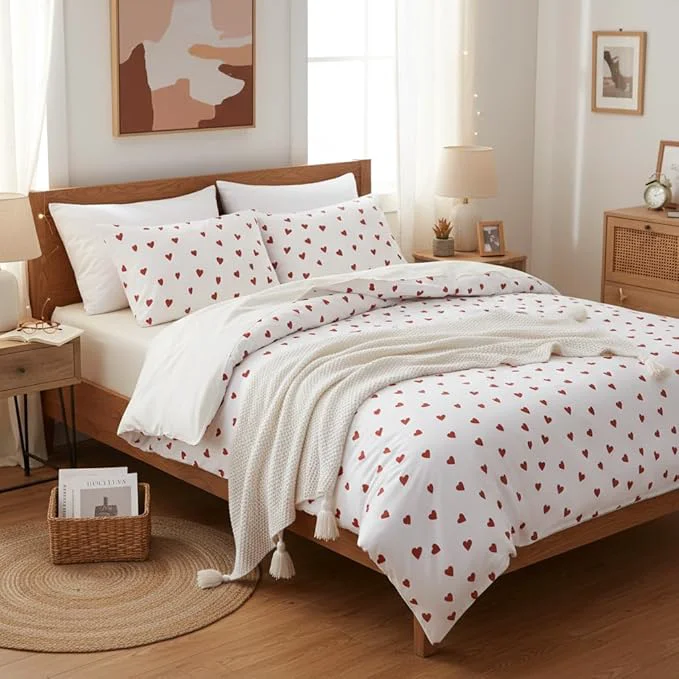Trusted Nayoroom Heart Comforter Set Queen Size Kawaii Red Heart Pattern Comforter Kids Girls Cute Heart-Shaped 3Pcs Soft Lightweight Bedding Set for All Seasons 1 Comforter 2 Pillowcases Trendy