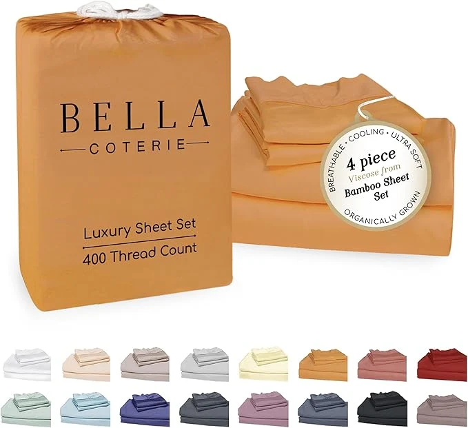 Pure Bella Coterie Luxury Bamboo Viscose Queen Size Sheet Set Organically Grown Ultra Soft Cooling for Hot Sleepers 18 quot Deep Pocket Marigold Authentic