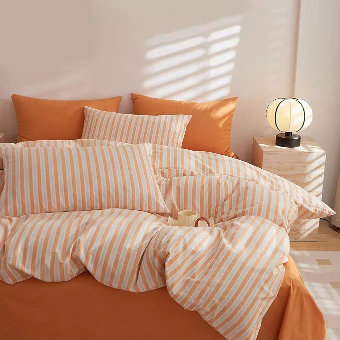 Pure EAVD Vintage Orange Striped Comforter Set Twin XL Soft Washed Cotton White and Orange Vertical Striped Bedding Set with 2 Pillowcases Retro Geometric Pattern Comforter Set for All-Season Sophisticated