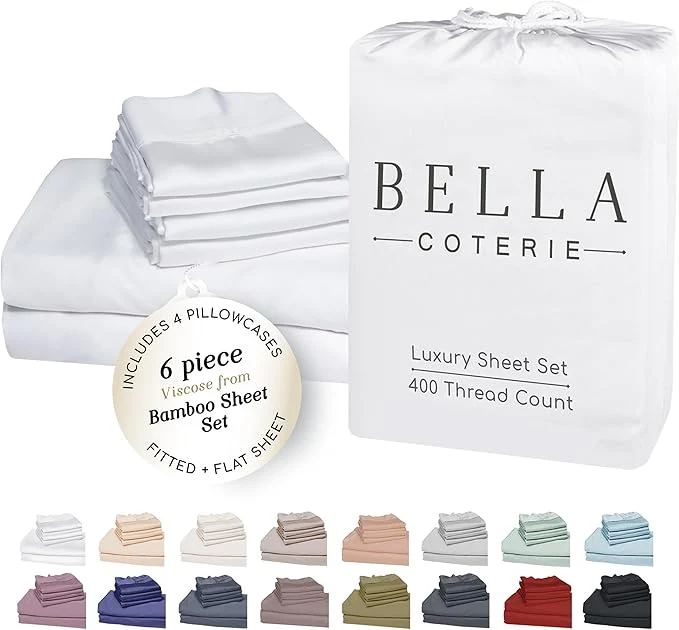 User-Friendly Bella Coterie 6 Piece Luxury Bamboo Viscose King Size Sheet Set Organically Grown Cooling for Hot Sleepers 18 quot Deep Pocket Soft amp Hypoallergenic 4 Pillowcases White Solid