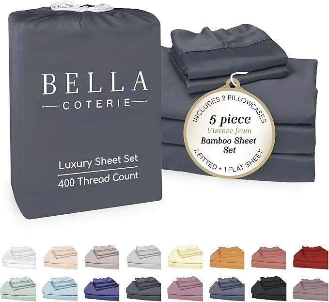 Modern Bella Coterie Luxury Bamboo Viscose Split King Size Sheet Set 2 Fitted Sheets for Sleep Number amp Adjustable Beds Organically Grown Cooling amp Ultra Soft 18 Deep Pocket Charcoal Grey Trendy