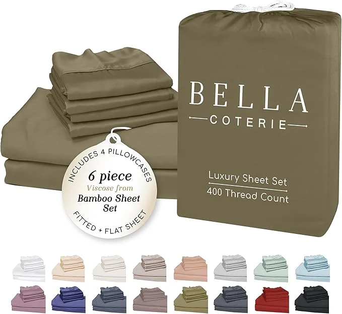 Top-Quality Bella Coterie 6 Piece Luxury Bamboo Viscose King Size Sheet Set Organically Grown Cooling for Hot Sleepers 18 quot Deep Pocket Soft amp Hypoallergenic 4 Pillowcases Olive Authentic