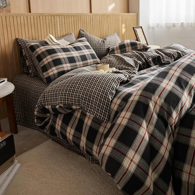 Lightweight EAVD Vintage Black Gingham Comforter Set Twin XL Soft Muslin Cotton Red Green Grid Checkered Plaid Bedding Set with 2 Pillowcases Farmhouse Reversible Black Plaid Comforter Set for All-Season Premium