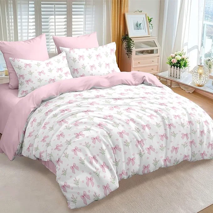 Modern Nayoroom Pink Bow Comforter Set Queen Size Coquette Pink Floral Comforter 3 Pieces Soft Lightweight Kids Girls Cute Aesthetic Dorm Bedding Set for All Seasons Trendy