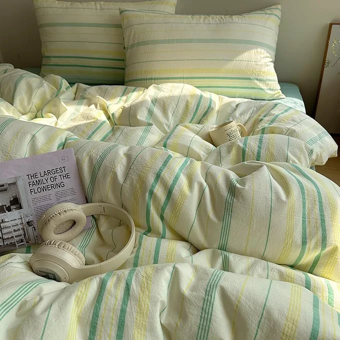 Classic EAVD Vintage Striped Comforter Set Twin XL Soft Cotton 3-Piece Boho Bedding Set with 2 Pillowcases Retro Yellow-Green Vertical Stripes Geometric Comforter Set for All-Season Eco-Friendly
