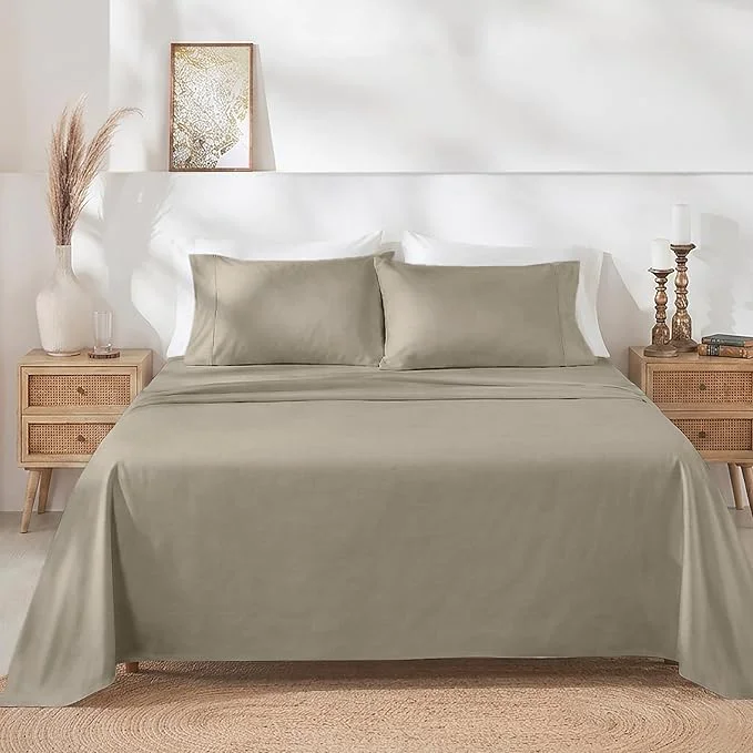 Contemporary California Design Den King Bed Sheets Set - Soft 400 Thread Count Sateen Natural Cotton Sheets Durable amp Breathable Bedding with Deep Pockets - Taupe Flexible