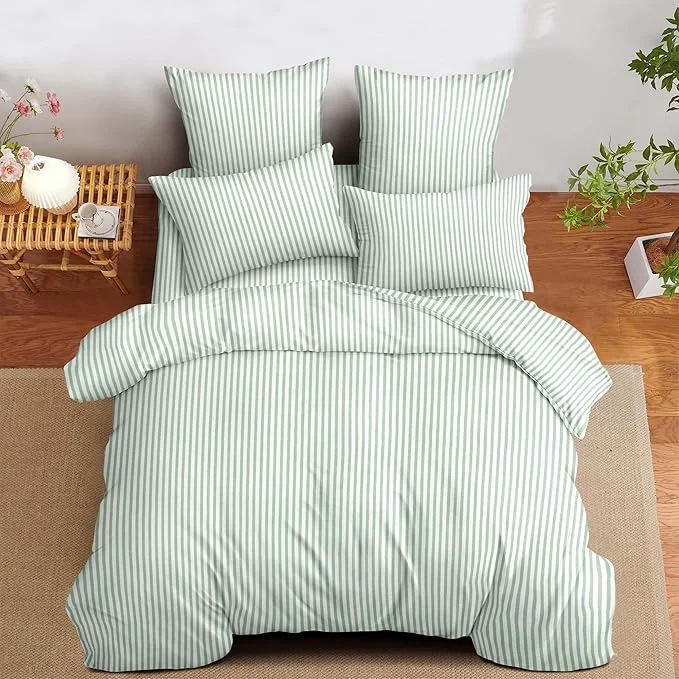 Minimalist Nayoroom Green Striped Comforter Set Queen Size White Stripe Comforter 3 Pieces Girls Soft Lightweight Pinstripe Dorm Bedding Set for All Seasons Selected