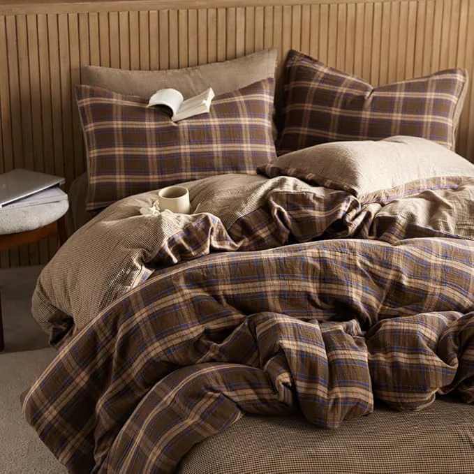Luxury EAVD Vintage Gingham Comforter Set Full Brown Blue Red Grid Checked Bedding Set Soft Muslin Cotton Retro Brown Plaid Comforter Set with 2 Pillowcases Farmhouse Plaid Bedding Set for All-Season Functional