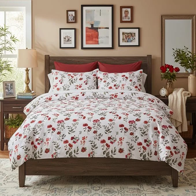 Original Design Nayoroom Vintage Floral Comforter Set Queen Size Watercolor Red Flower Botanical Leaf Pattern Spring Bedding Set 3 Pieces Soft Lightweight Aesthetic Garden Comforter for All Seasons Artisan